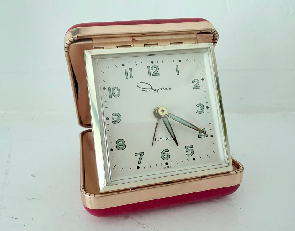 Vintage Ingraham Travel Alarm Clock Red Leather Case Folding Japan Luminous